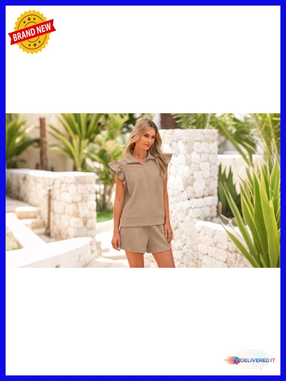 Zip Front Ruffle Cap Sleeve Lounge Set Drawstring Shorts 2 Piece - Picture 6 of 6